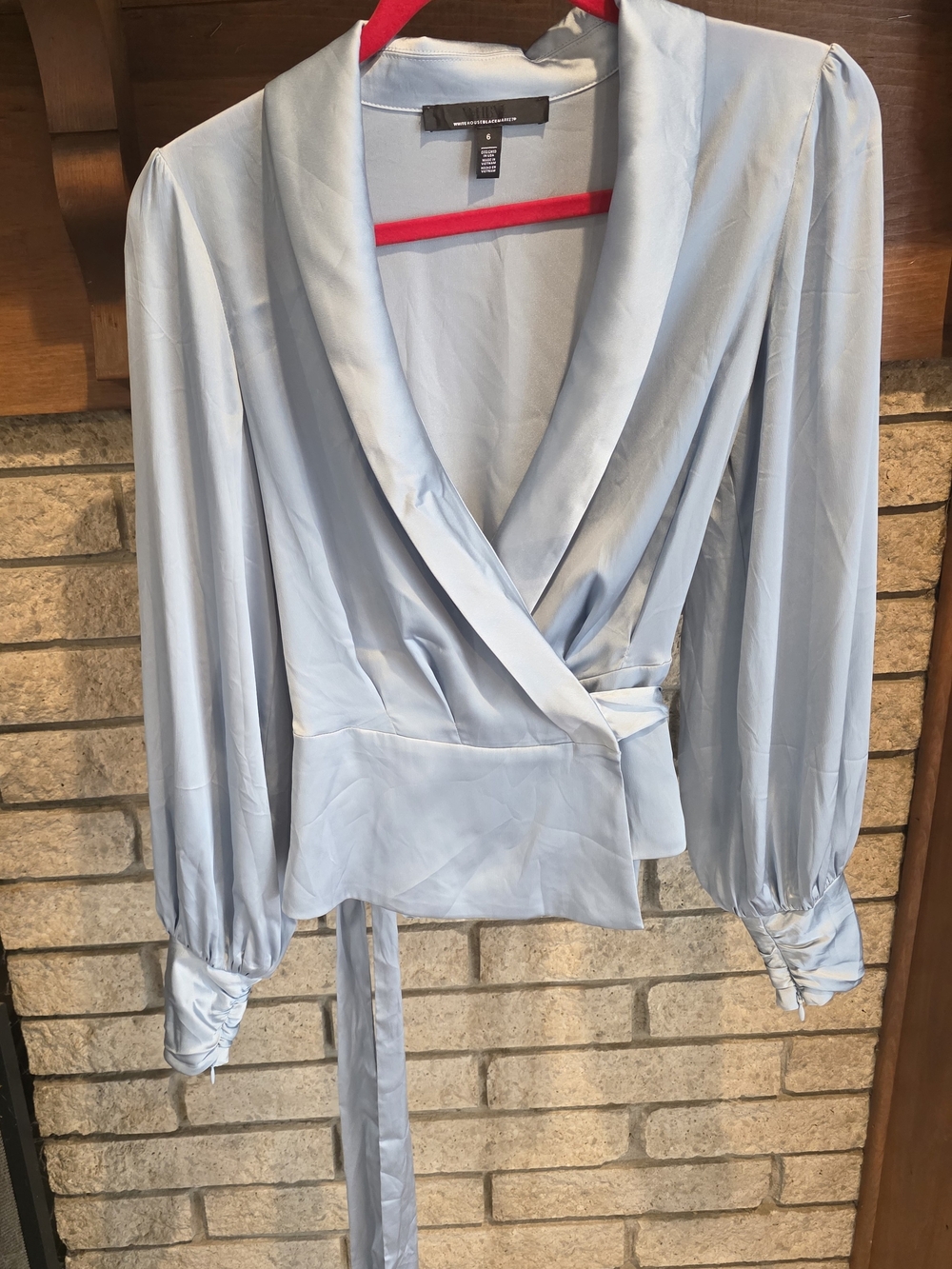 White House Black Market Light Blue Satin Wrap Blouse with Tie - Picture 2 of 6